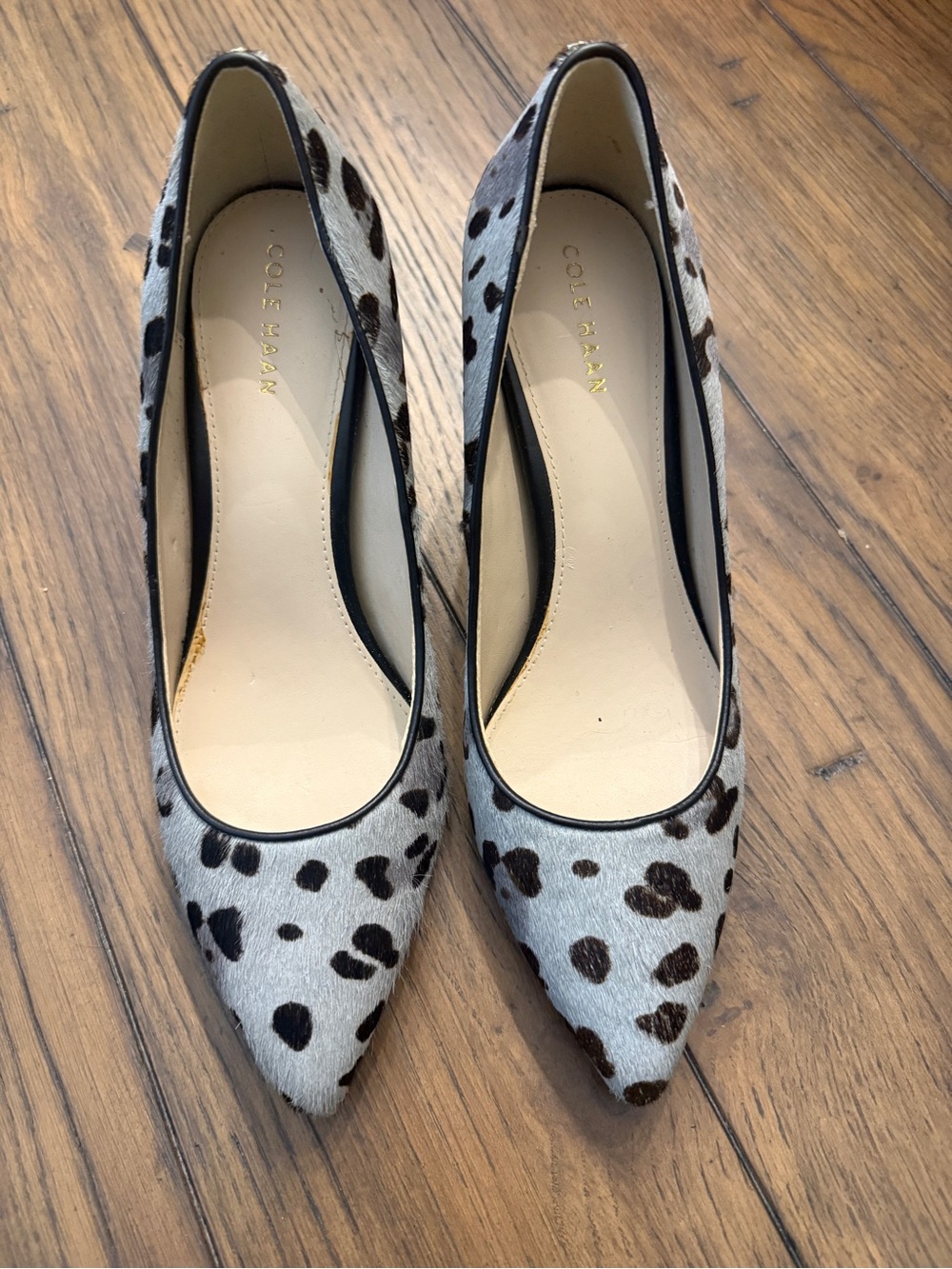 Cole Haan Gemma Real Fur pumps featuring black and grey spotted calf hair